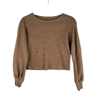 Romwe Brown Ribbed Casual Long Sleeve Balloon Sleeve Cropped Top Size XS